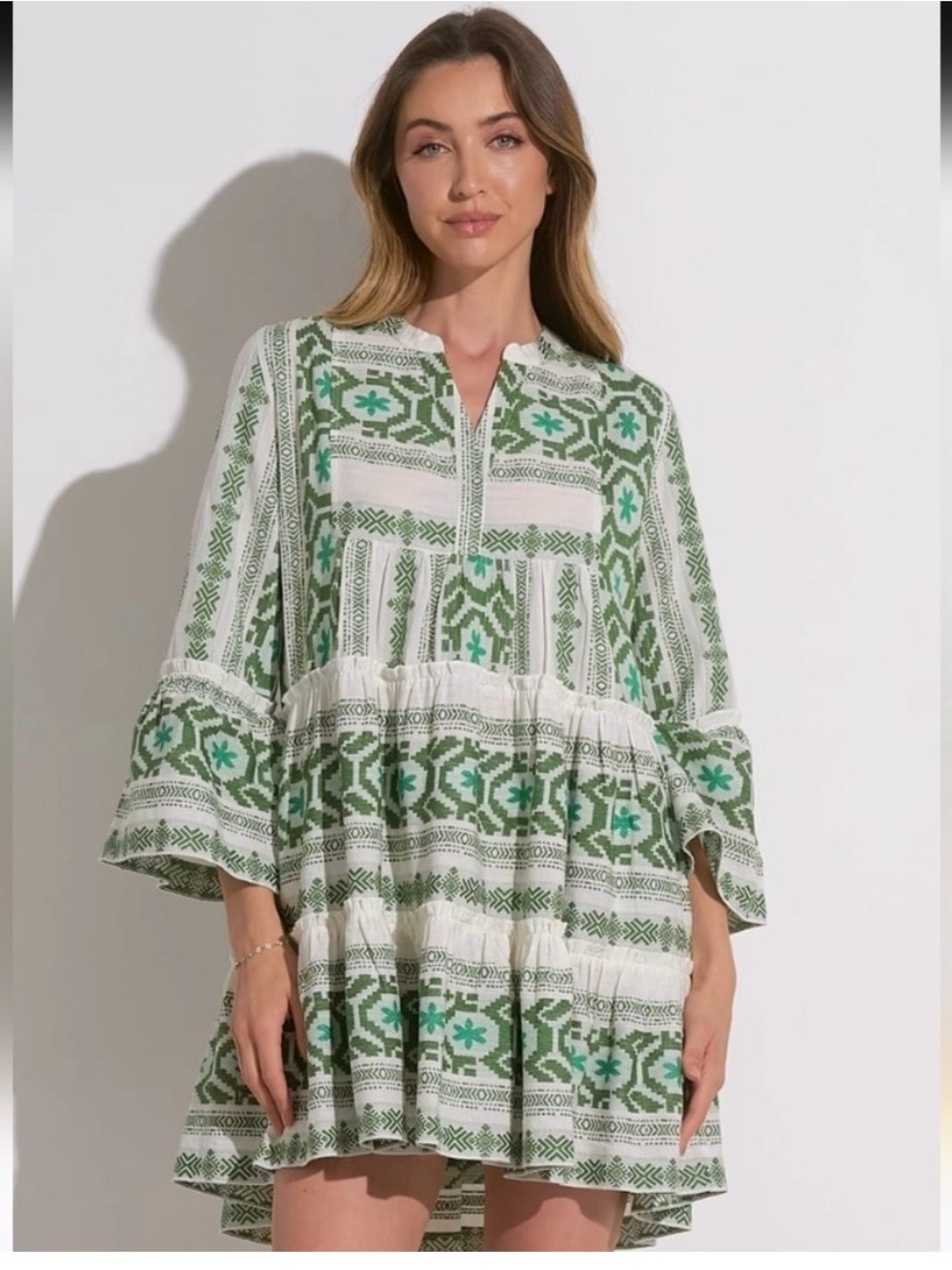 Elan Green and White Woven Floral Babydoll Trapeze Boho Mini Dress Size L